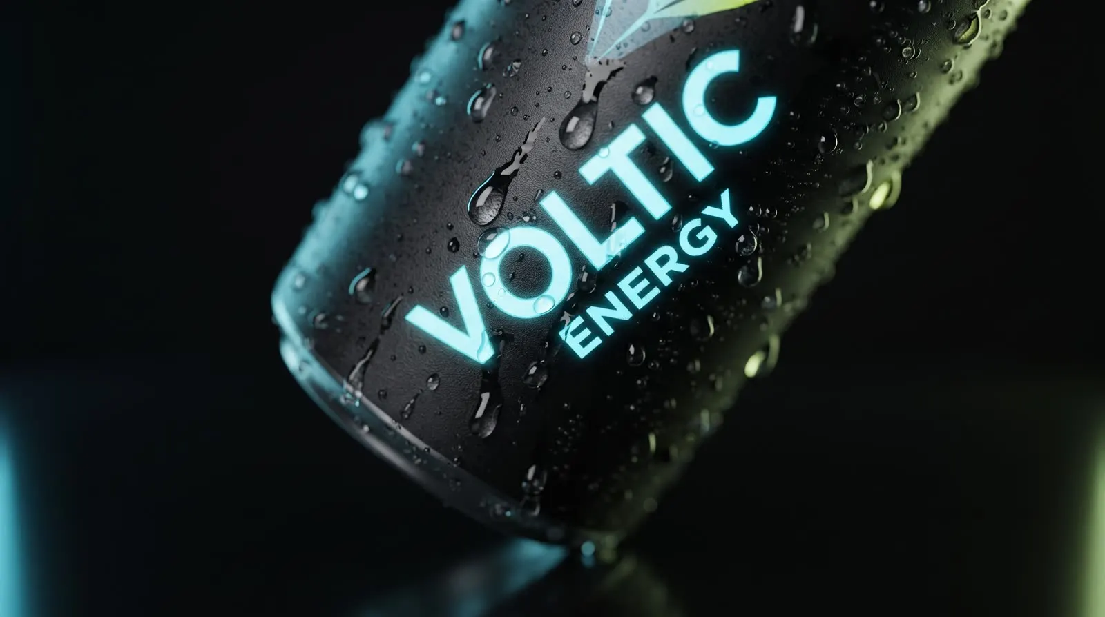 Extreme close-up of condensation beads on the VOLTIC can's glowing cyan lettering