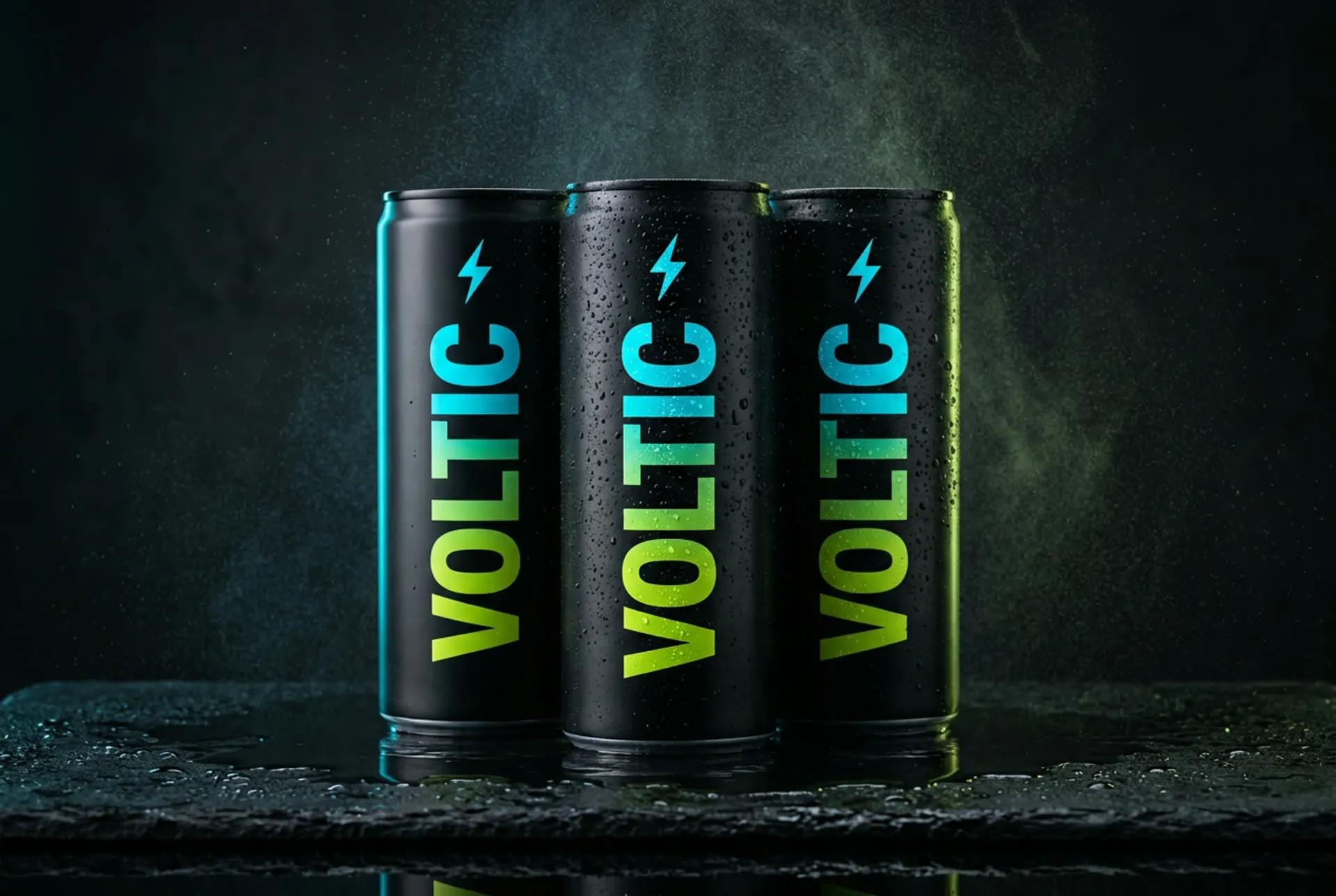 Three VOLTIC cans standing on wet black slate in a fine mist